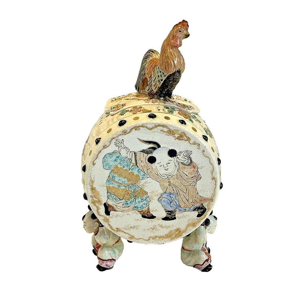 Antique Japanese‎ Satsuma Rooster Drum Footed Pottery Canister Meiji Period 8"